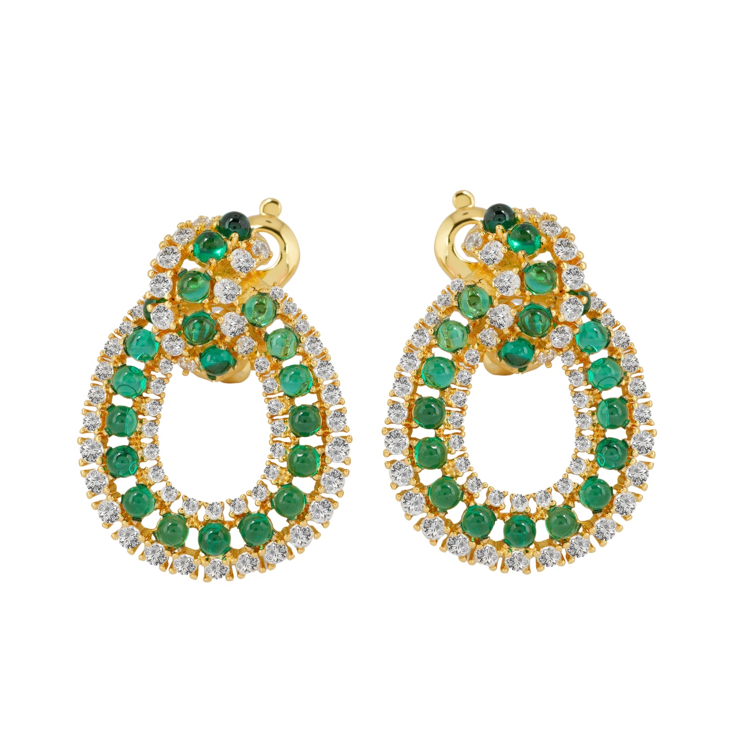 Luxurious Emerald Green and White Diamond-Inspired Double Loop Earrings in Gold Finish – Statement Designer Jewelry for Weddings, Parties, and Festive Occasions
