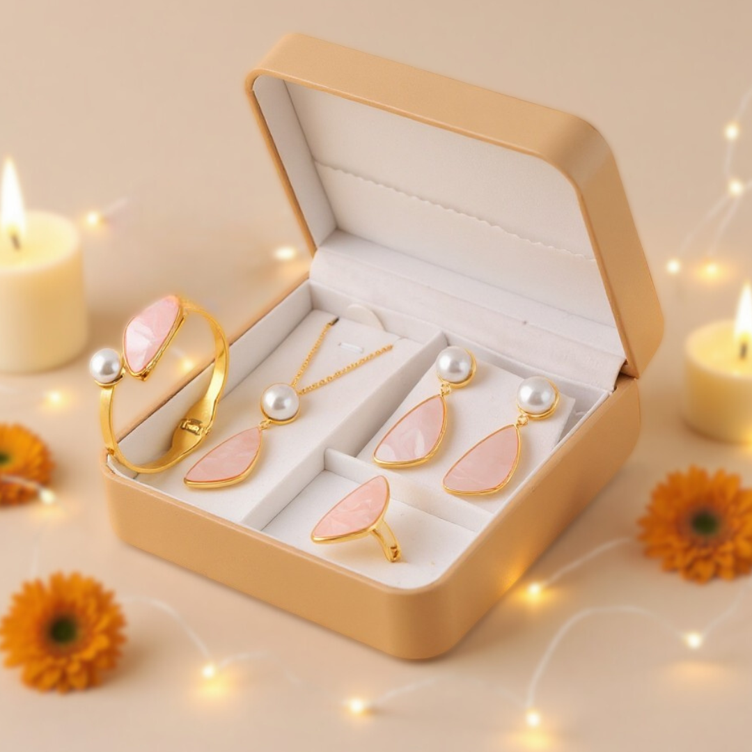 Pink Stone & Pearl Jewelry Set | Jewelry Gift Box for Girls with Necklace, Earrings, Bracelet and Ring