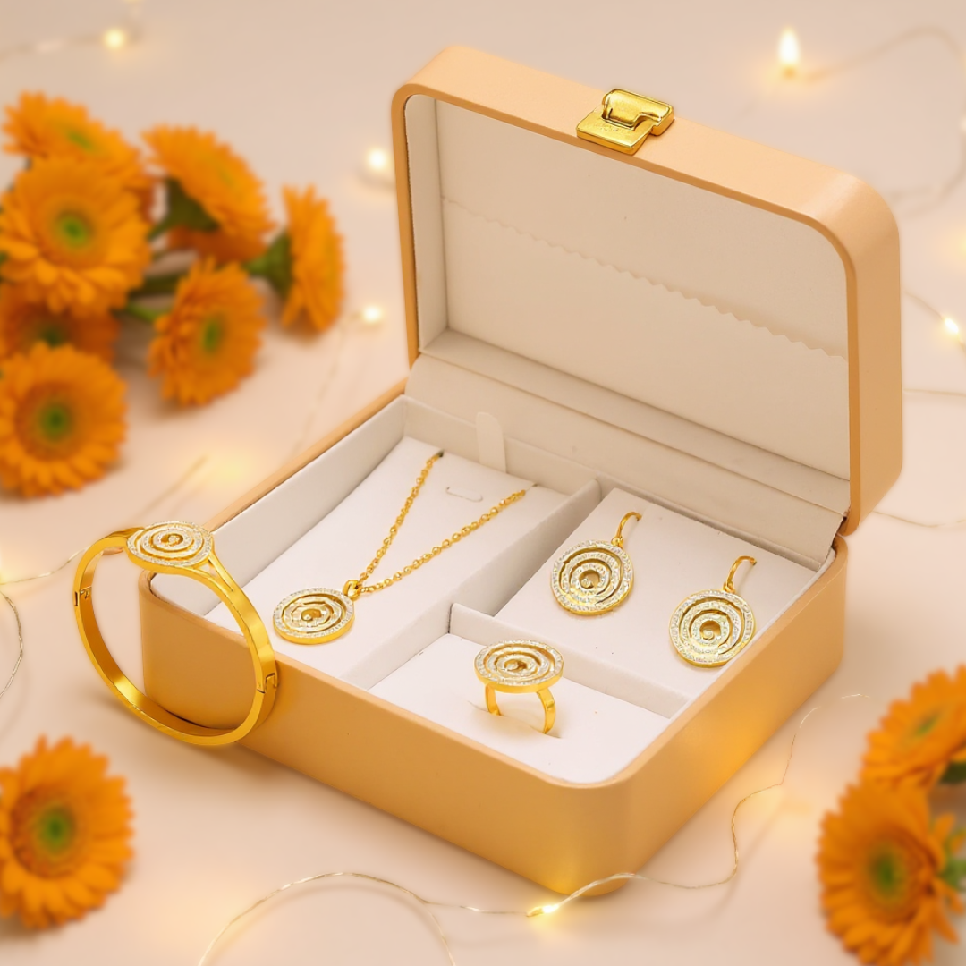 Gold Plated Spiral Circle Jewelry Set | Gift Hamper for Girls – Elegant Jewelry Box with Necklace, Earrings, Ring and Bracelet for Women