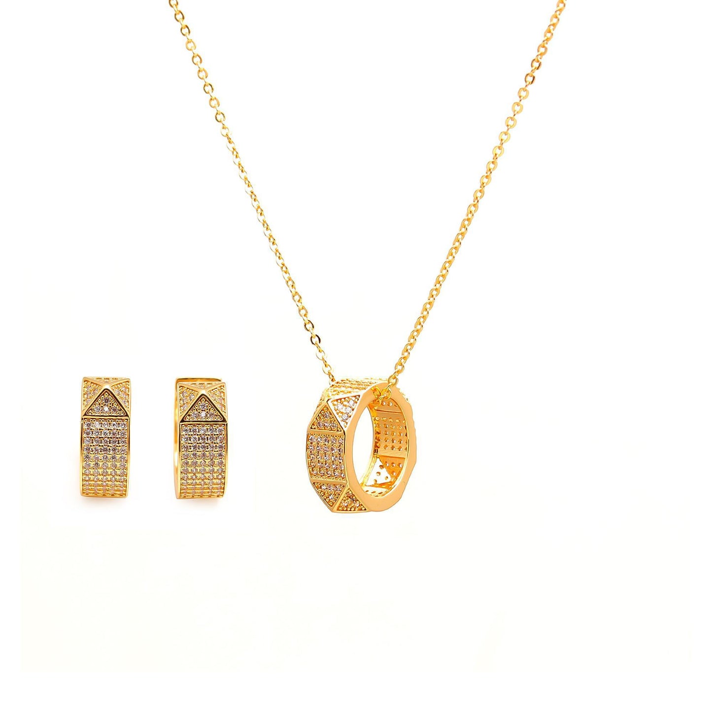 Luxurious Gold-Plated Geometric Pendant Necklace and Matching Earrings Set with Diamond-Inspired Detailing | Modern Elegance for Every Occasion