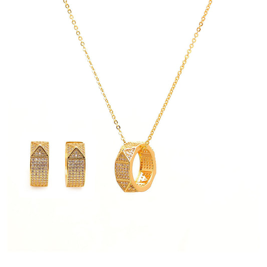 Luxurious Gold-Plated Geometric Pendant Necklace and Matching Earrings Set with Diamond-Inspired Detailing | Modern Elegance for Every Occasion