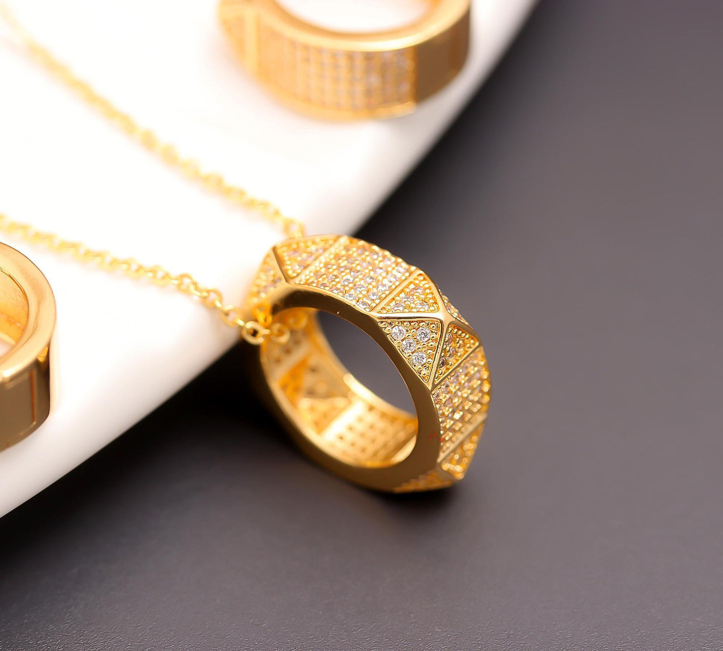 Luxurious Gold-Plated Geometric Pendant Necklace and Matching Earrings Set with Diamond-Inspired Detailing | Modern Elegance for Every Occasion