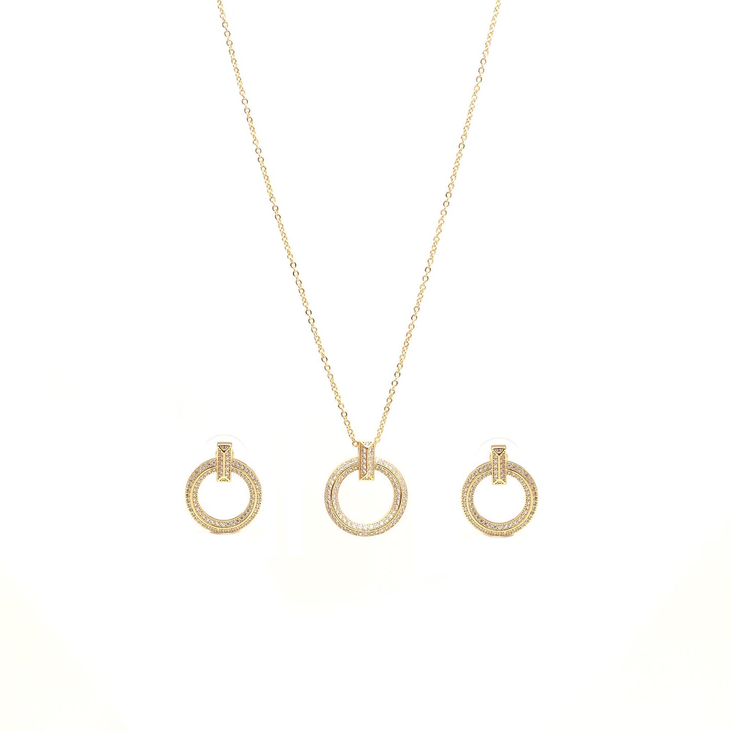 Elegant Gold-Plated Circular Pendant Necklace and Matching Earrings Set with Sparkling Diamond Accents | Timeless Jewelry for Every Occasion