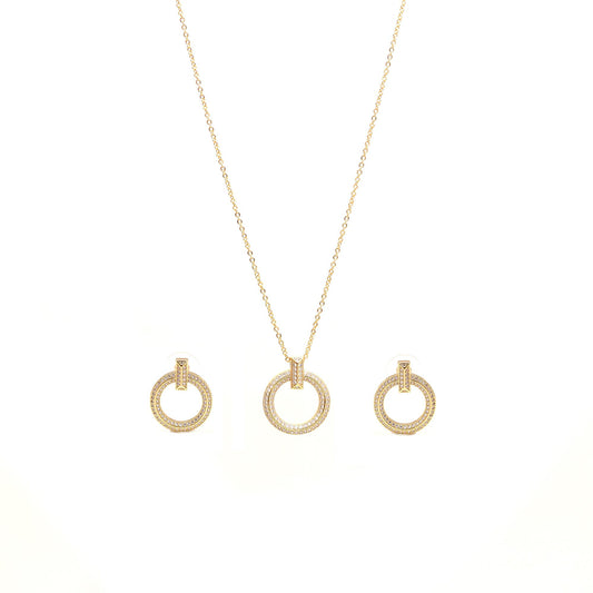 Elegant Gold-Plated Circular Pendant Necklace and Matching Earrings Set with Sparkling Diamond Accents | Timeless Jewelry for Every Occasion