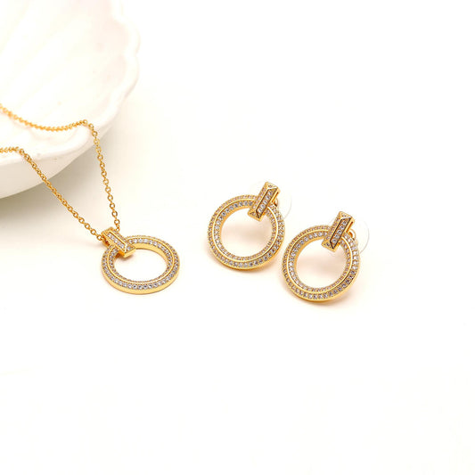 Elegant Gold-Plated Circular Pendant Necklace and Matching Earrings Set with Sparkling Diamond Accents | Timeless Jewelry for Every Occasion