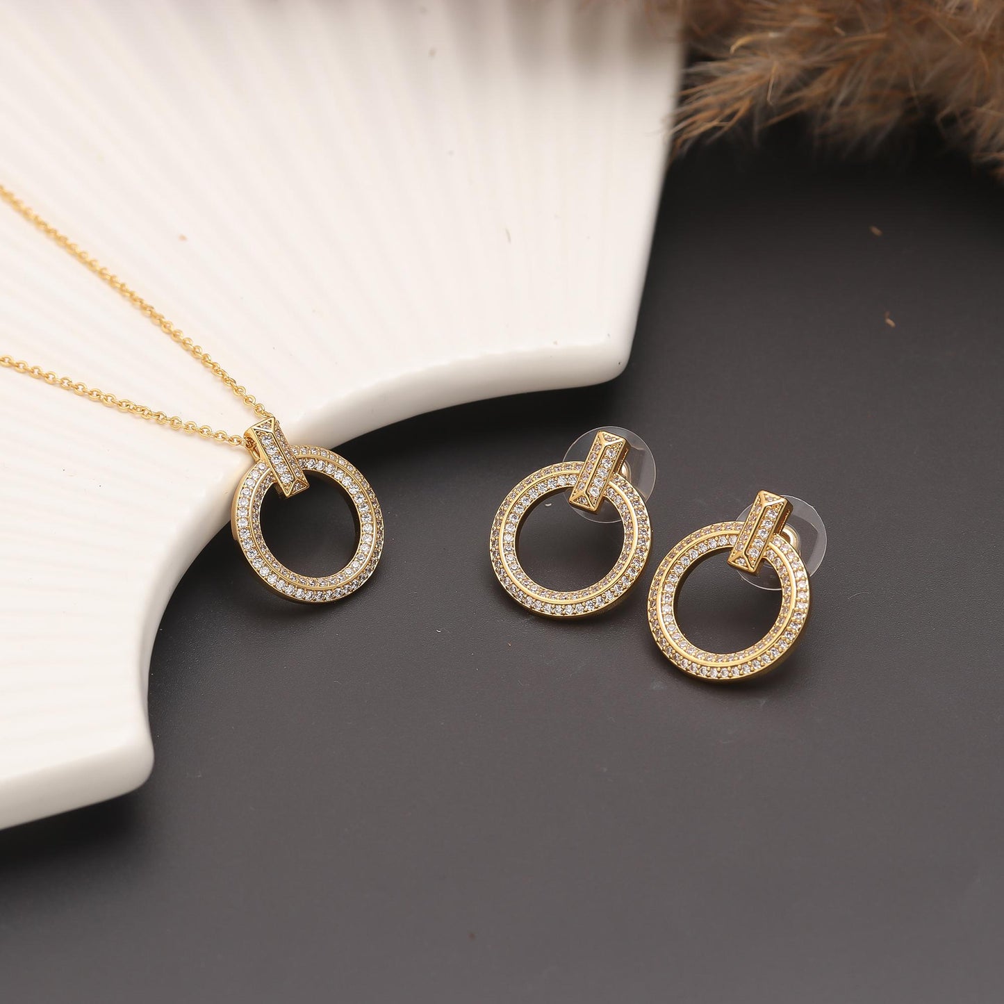 Elegant Gold-Plated Circular Pendant Necklace and Matching Earrings Set with Sparkling Diamond Accents | Timeless Jewelry for Every Occasion