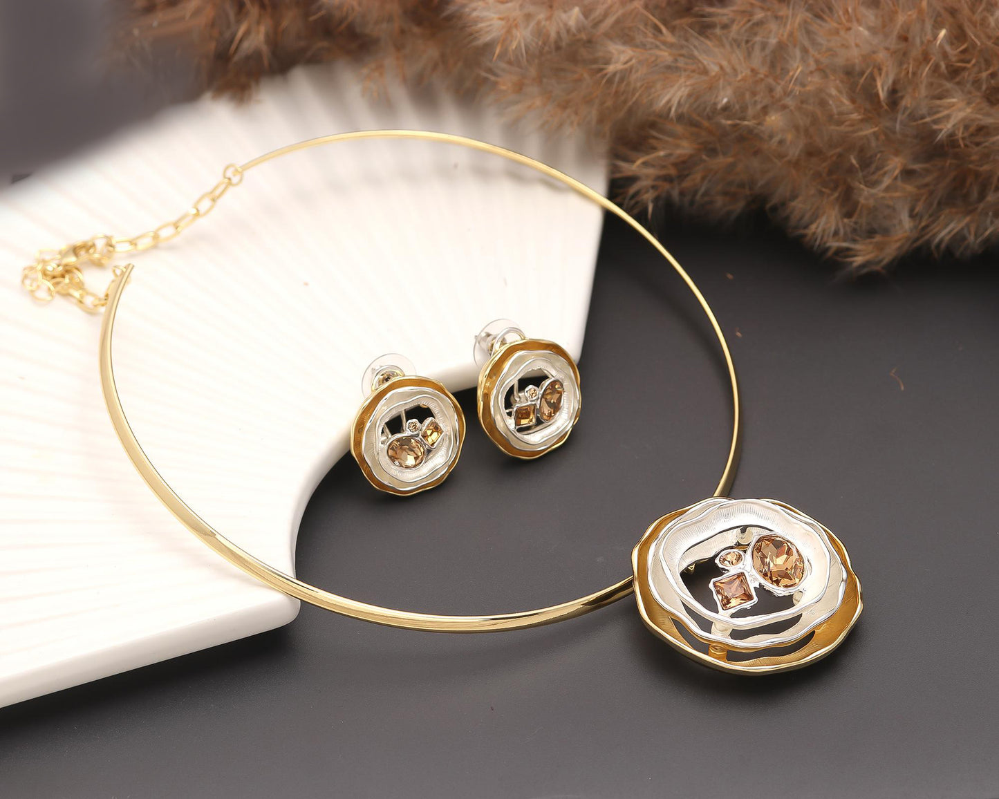 Contemporary Gold-Plated Transparent Pendant Necklace and Matching Earrings Set with Artistic Embedded Detailing | Statement Jewelry for Modern Elegance