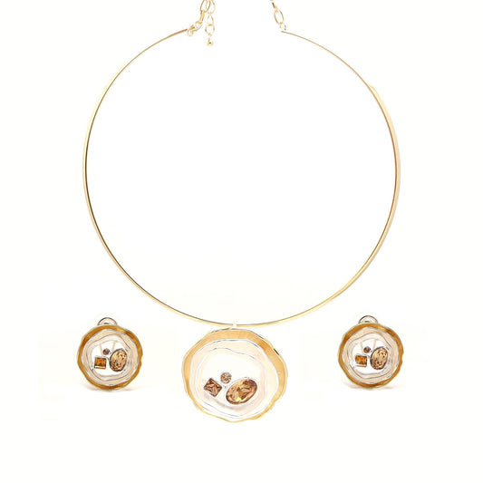 Contemporary Gold-Plated Transparent Pendant Necklace and Matching Earrings Set with Artistic Embedded Detailing | Statement Jewelry for Modern Elegance