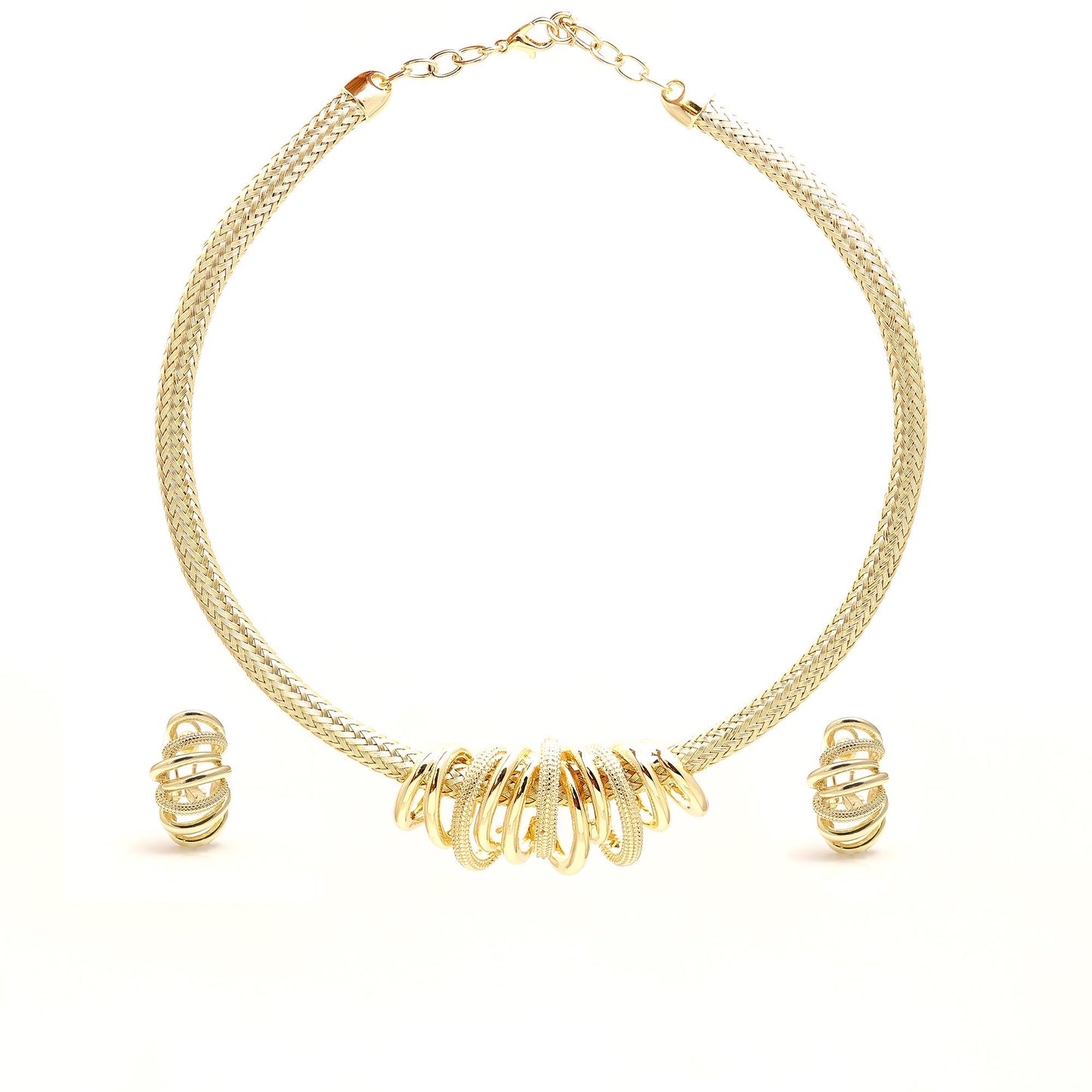 Gold-Plated Statement Choker Necklace with Stacked Ring Detailing and Matching Earrings – Contemporary Jewelry Set