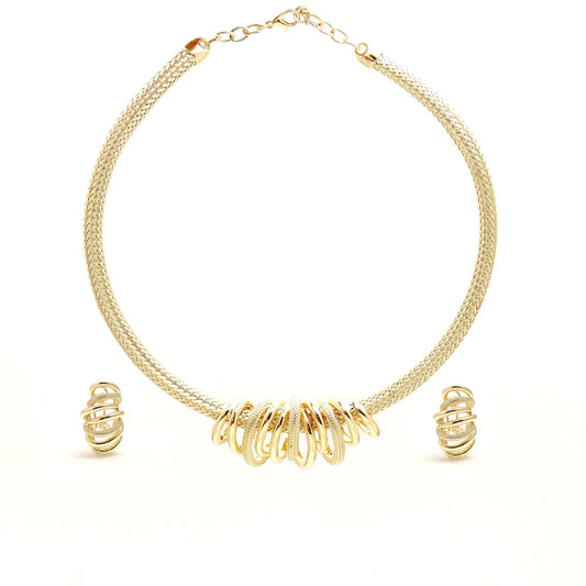 Gold-Plated Statement Choker Necklace with Stacked Ring Detailing and Matching Earrings – Contemporary Jewelry Set