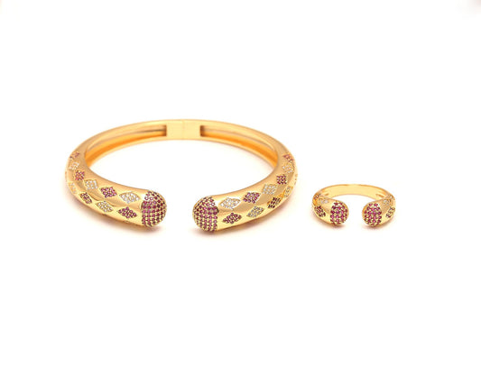 Gold-Tone Ruby Crown Charm Openable  Bracelet and Matching Ring Set with Red and White Stone Accents | Designer Statement Jewelry for Festive and Elegant Occasions