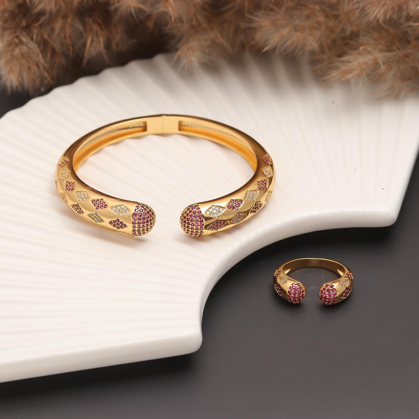 Gold-Tone Ruby Crown Charm Openable  Bracelet and Matching Ring Set with Red and White Stone Accents | Designer Statement Jewelry for Festive and Elegant Occasions