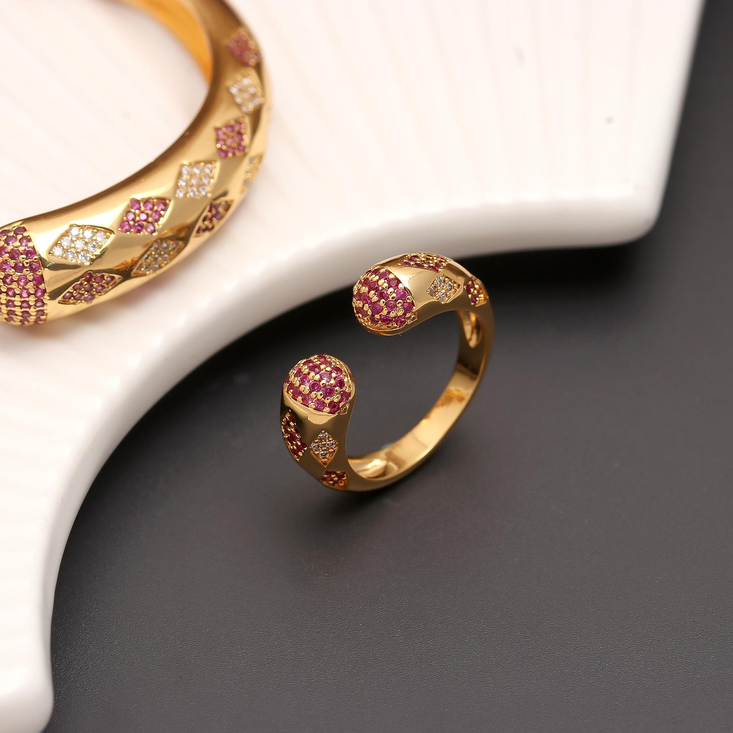 Gold-Tone Ruby Crown Charm Openable  Bracelet and Matching Ring Set with Red and White Stone Accents | Designer Statement Jewelry for Festive and Elegant Occasions