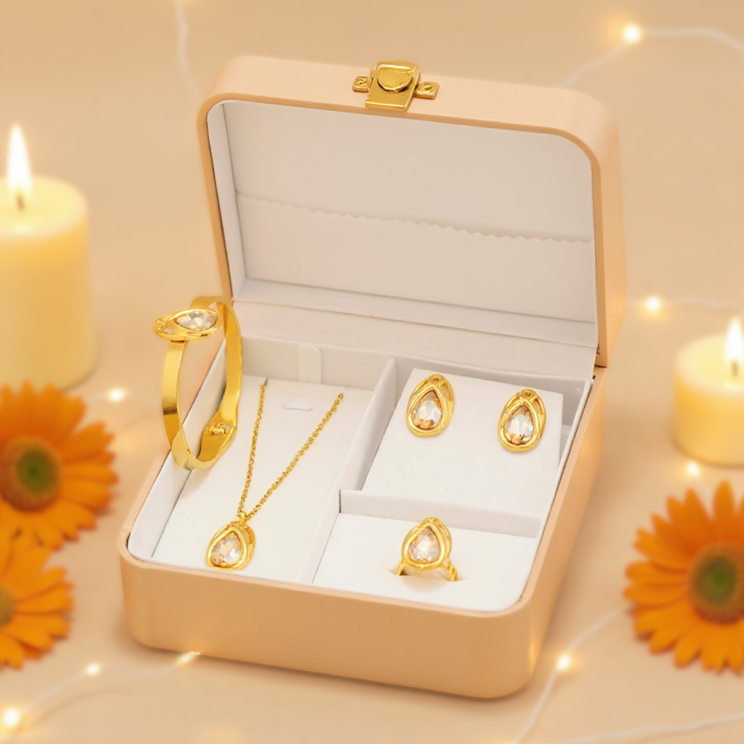 Elegant Gold Plated Teardrop Jewelry Set | Jewelry Gift Box for Girls – Perfect Hamper for Women with Necklace, Earrings and Bracelet