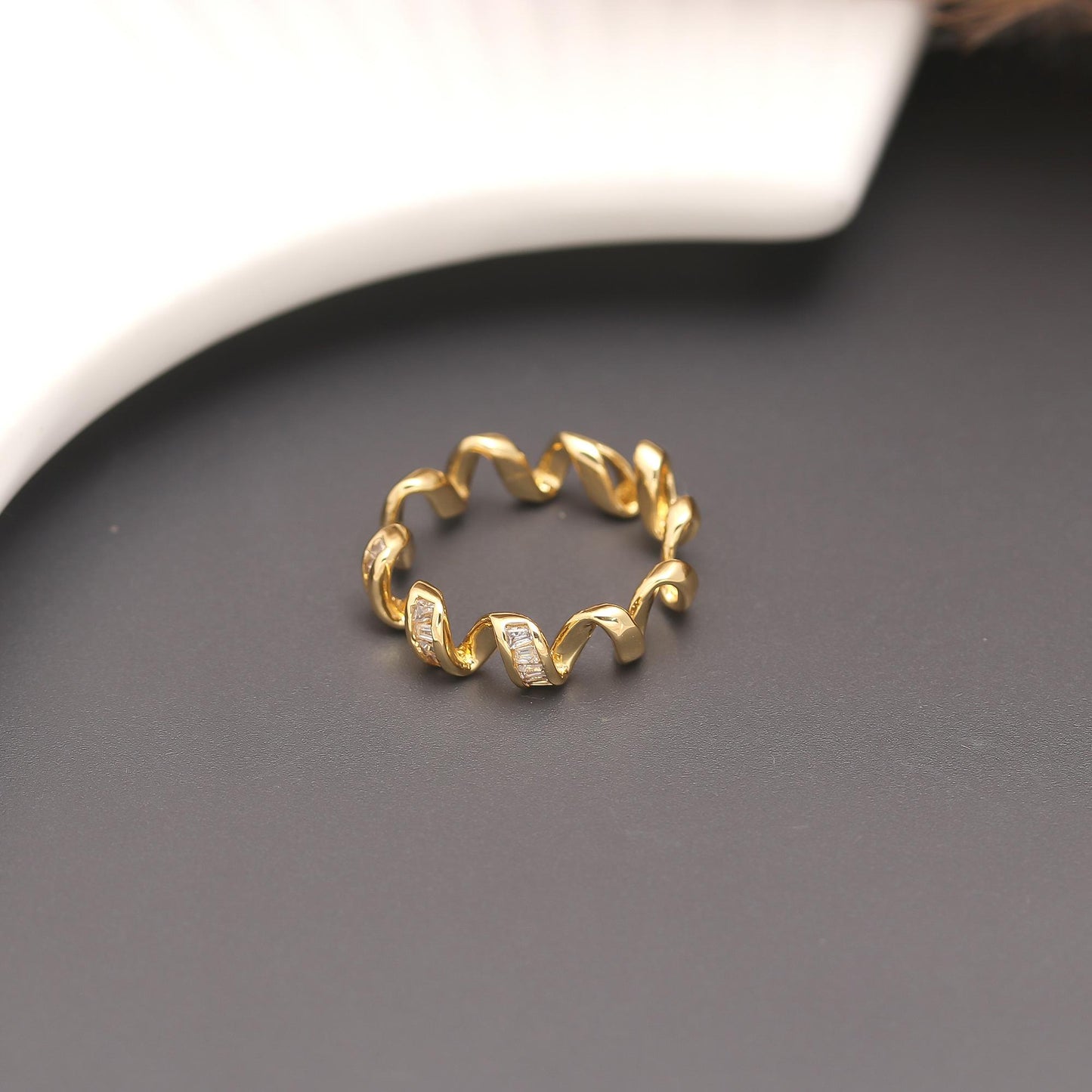 Wavy Gold-Tone Ring with Diamond-Look Accents | Modern Minimalist Adjustable Band for Everyday Elegance and Special Occasions