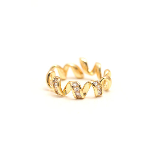 Wavy Gold-Tone Ring with Diamond-Look Accents | Modern Minimalist Adjustable Band for Everyday Elegance and Special Occasions