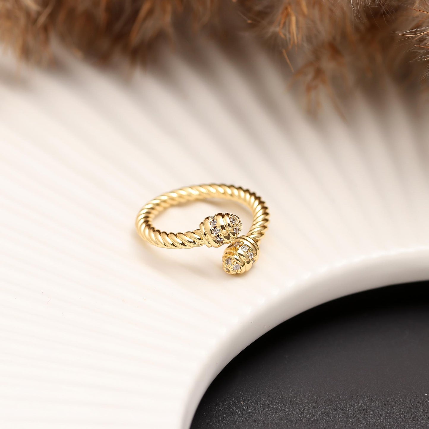 Twist Elegance Ring with Rope-Style Gold Band and Dual Diamond Look Accents | Contemporary Statement Jewelry