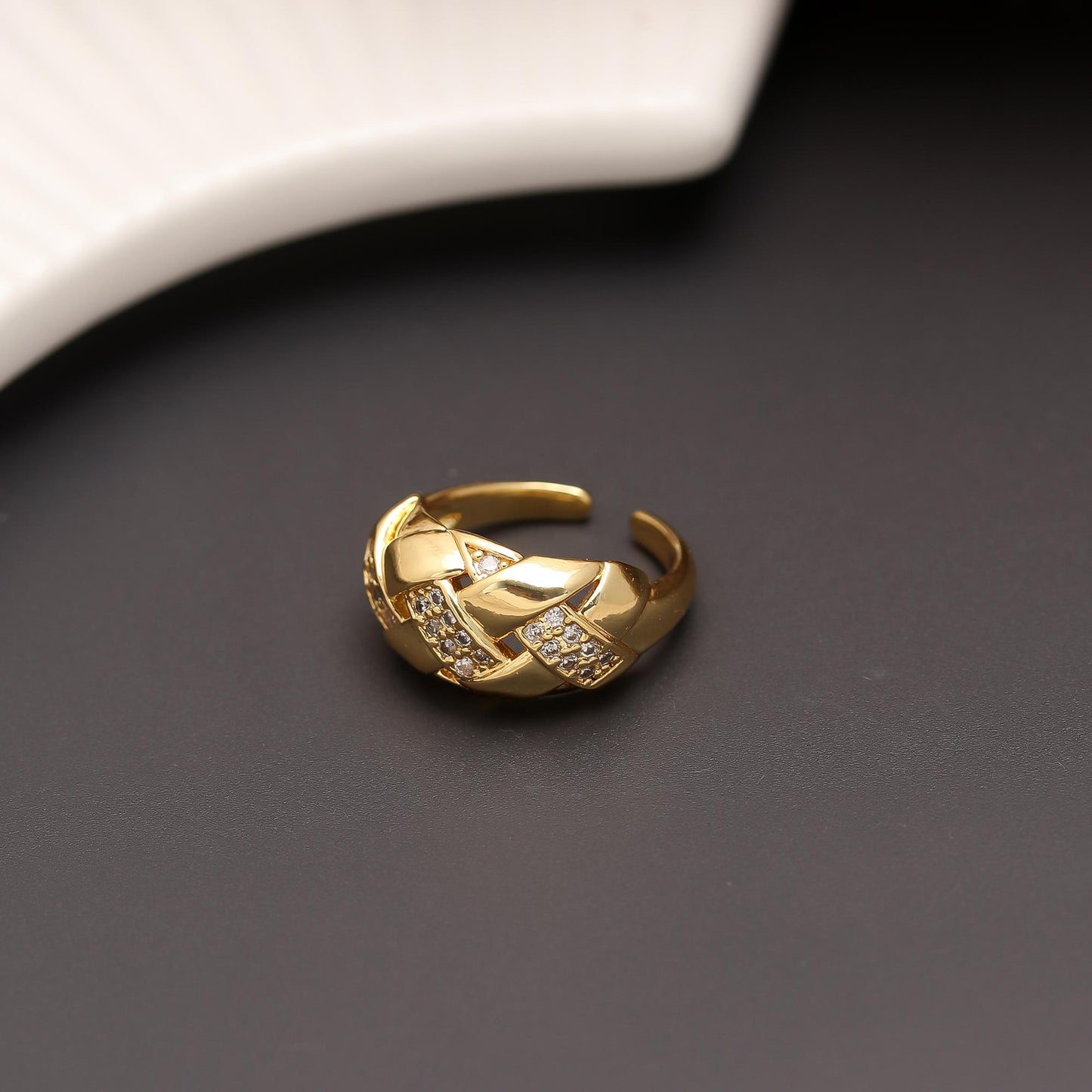 Woven Luxe Band Ring with Diamond Look Criss-Cross Detailing and Polished Gold Finish | Timeless Statement Jewelry