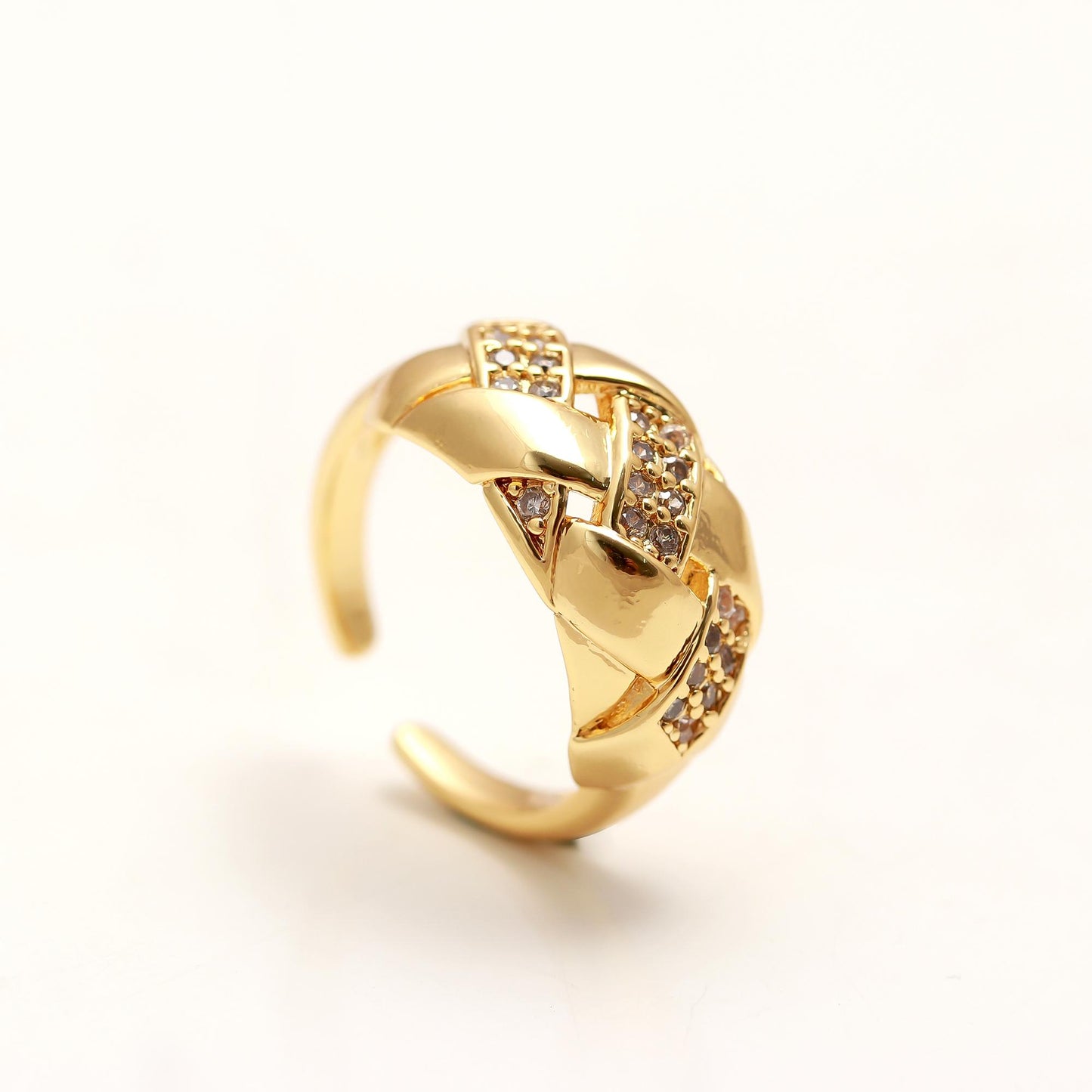 Woven Luxe Band Ring with Diamond Look Criss-Cross Detailing and Polished Gold Finish | Timeless Statement Jewelry