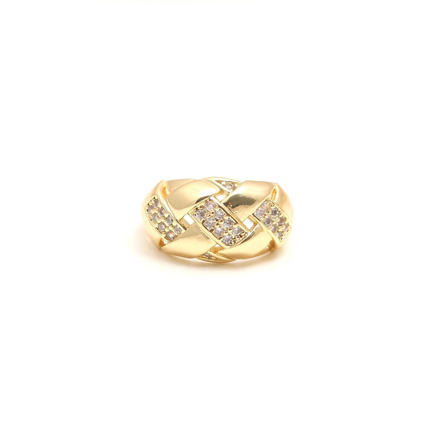 Woven Luxe Band Ring with Diamond Look Criss-Cross Detailing and Polished Gold Finish | Timeless Statement Jewelry
