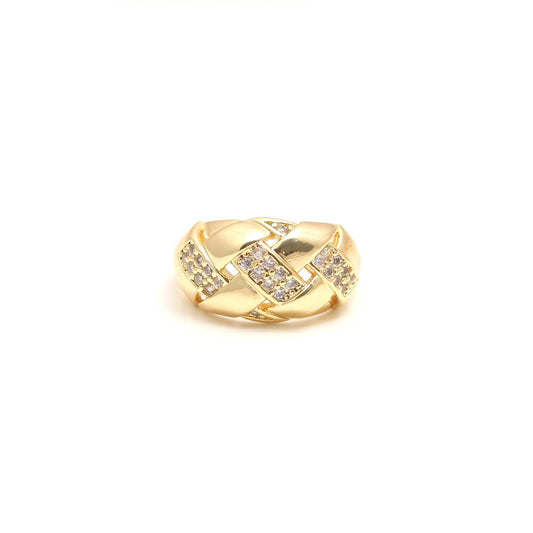 Woven Luxe Band Ring with Diamond Look Criss-Cross Detailing and Polished Gold Finish | Timeless Statement Jewelry