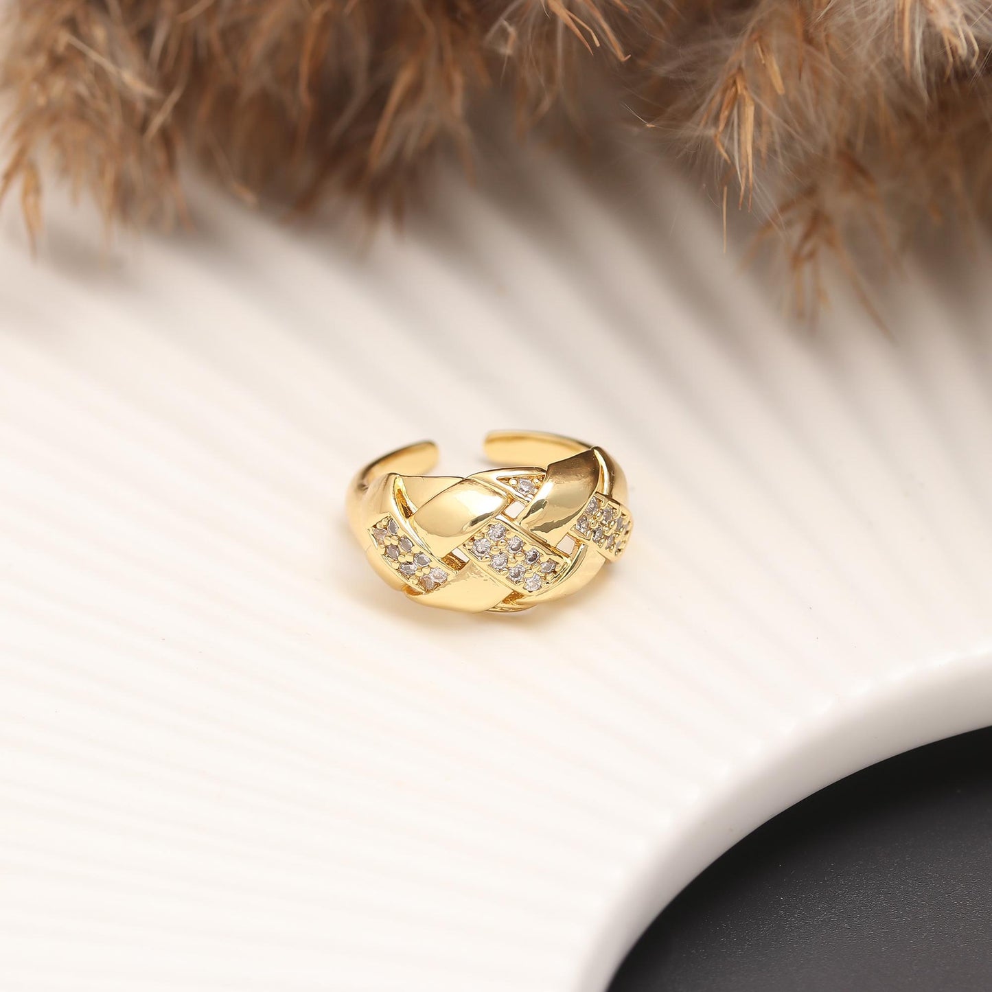 Woven Luxe Band Ring with Diamond Look Criss-Cross Detailing and Polished Gold Finish | Timeless Statement Jewelry