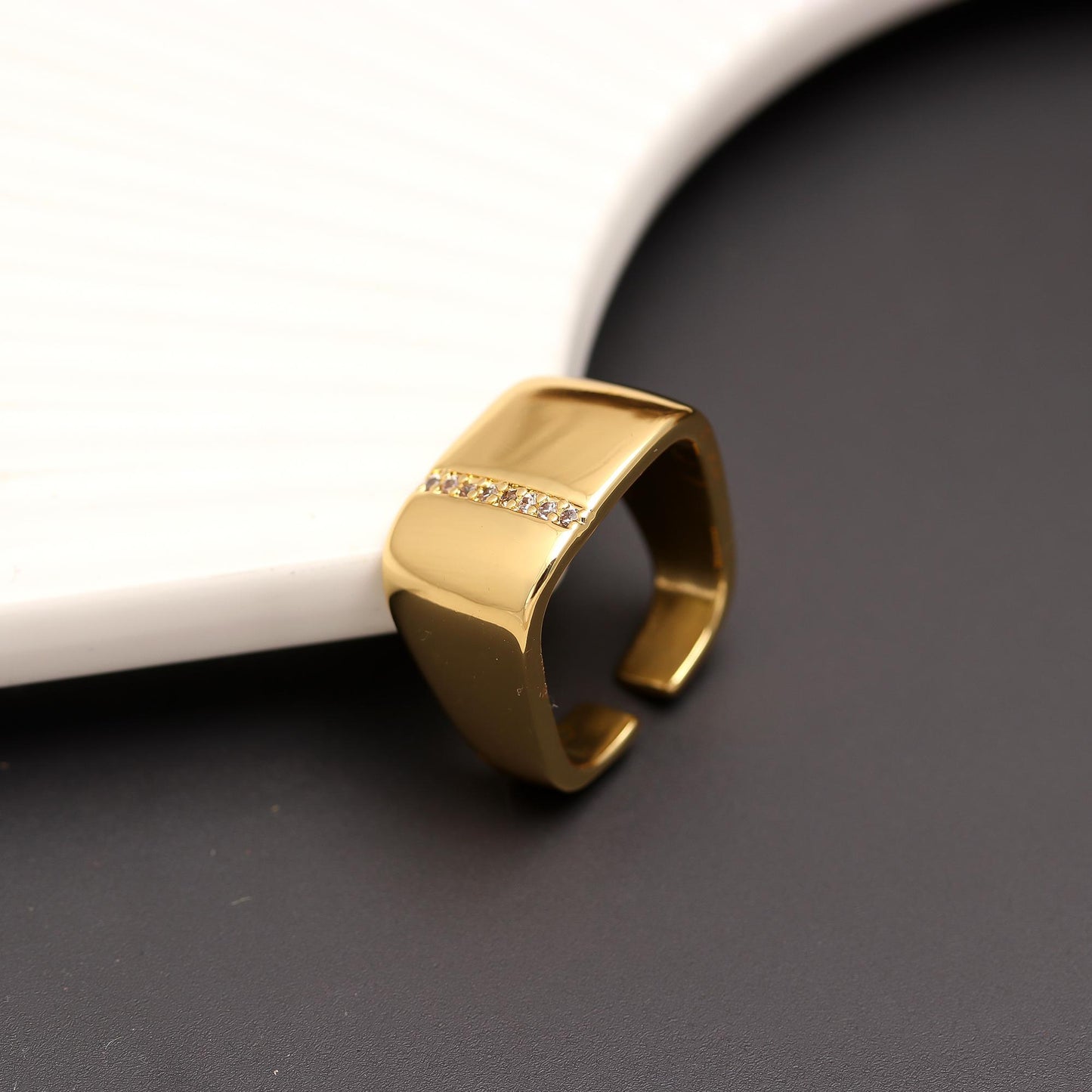 Wide Polished Gold Band Ring with Sleek Modern Finish, Adjustable Open Design and Subtle Diamond Accent Line | Contemporary Minimalist Statement Jewelry for Everyday Elegance and Special Occasions