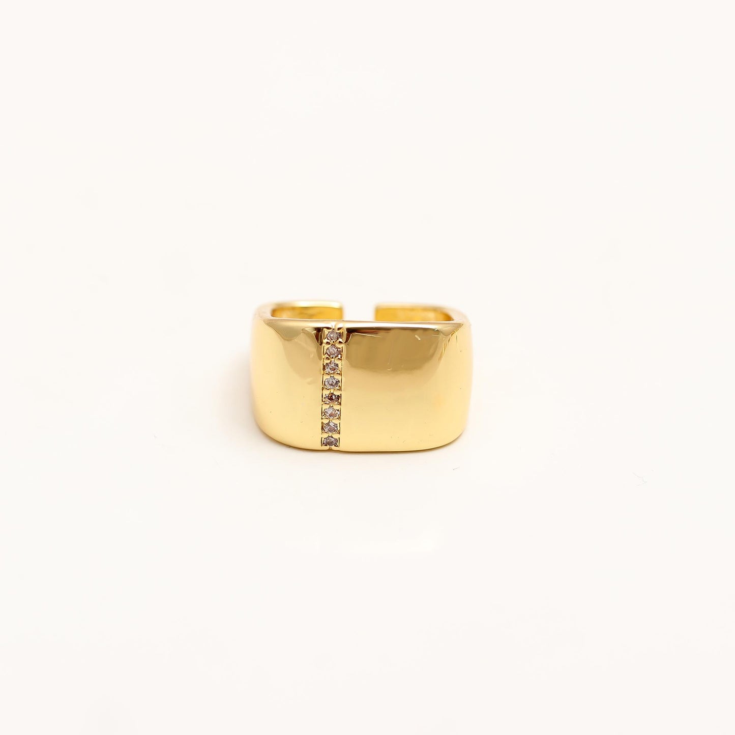 Wide Polished Gold Band Ring with Sleek Modern Finish, Adjustable Open Design and Subtle Diamond Accent Line | Contemporary Minimalist Statement Jewelry for Everyday Elegance and Special Occasions