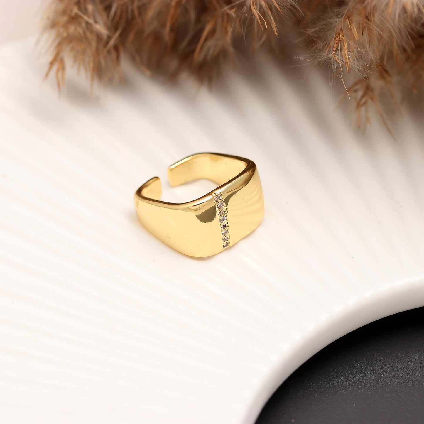 Wide Polished Gold Band Ring with Sleek Modern Finish, Adjustable Open Design and Subtle Diamond Accent Line | Contemporary Minimalist Statement Jewelry for Everyday Elegance and Special Occasions
