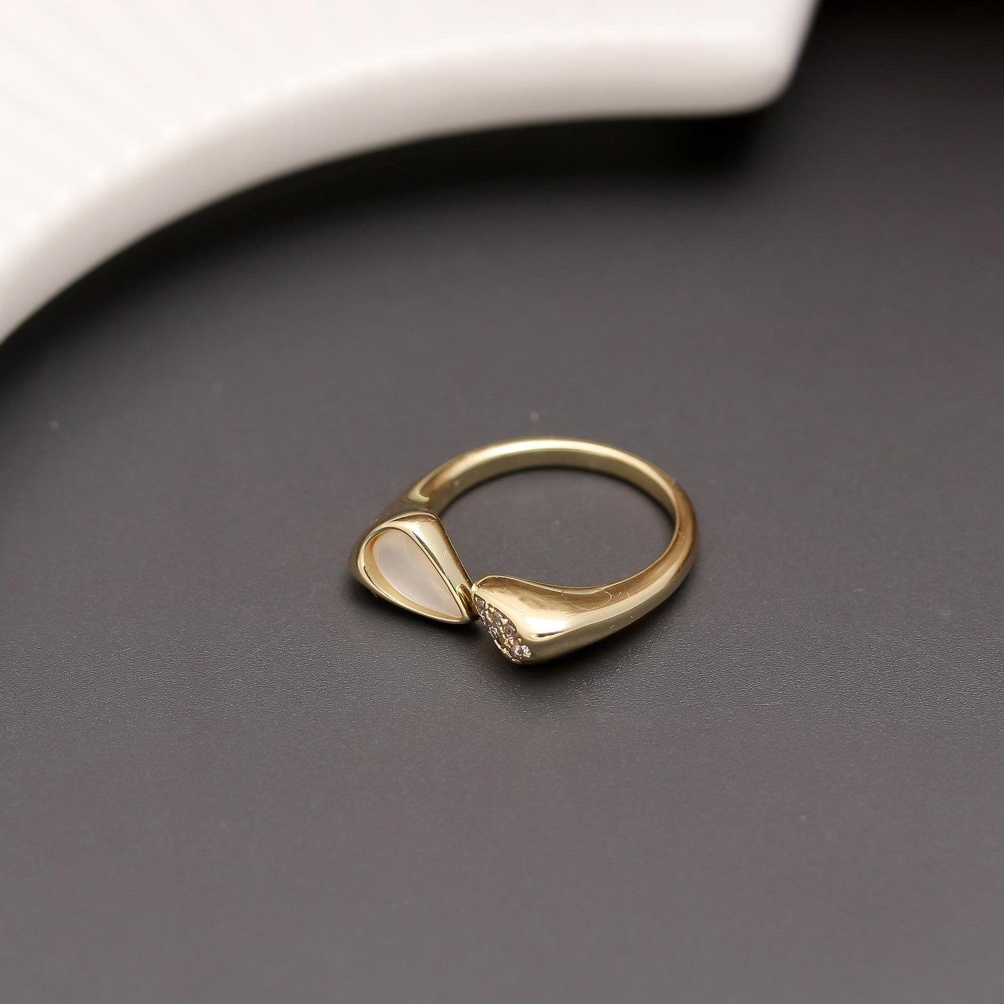 Elegant Teardrop Open Ring with Mother of Pearl Accent and Diamond Look Detailing | Minimal Luxury Jewelry for Everyday and Occasions