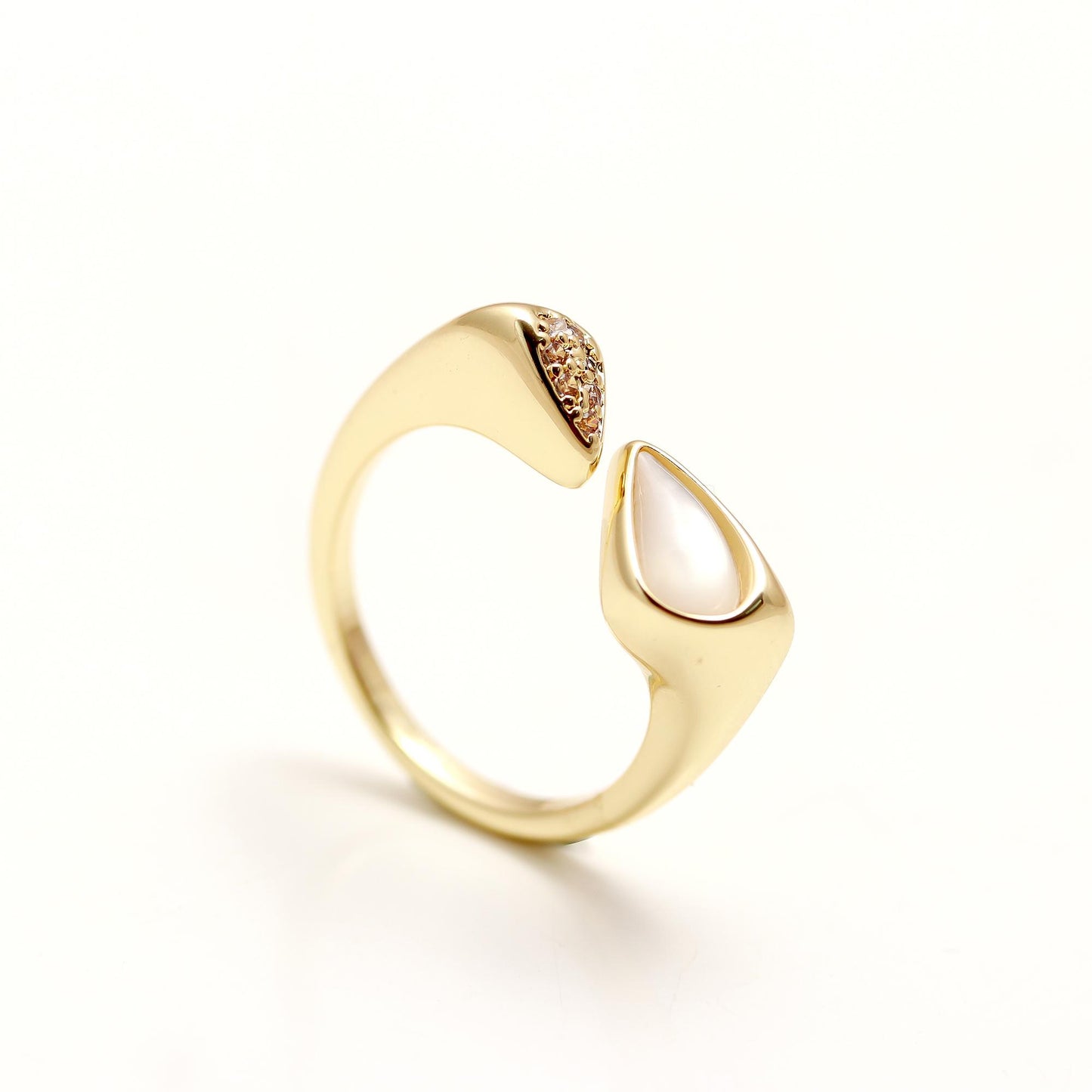 Elegant Teardrop Open Ring with Mother of Pearl Accent and Diamond Look Detailing | Minimal Luxury Jewelry for Everyday and Occasions