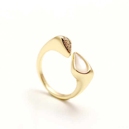 Elegant Teardrop Open Ring with Mother of Pearl Accent and Diamond Look Detailing | Minimal Luxury Jewelry for Everyday and Occasions
