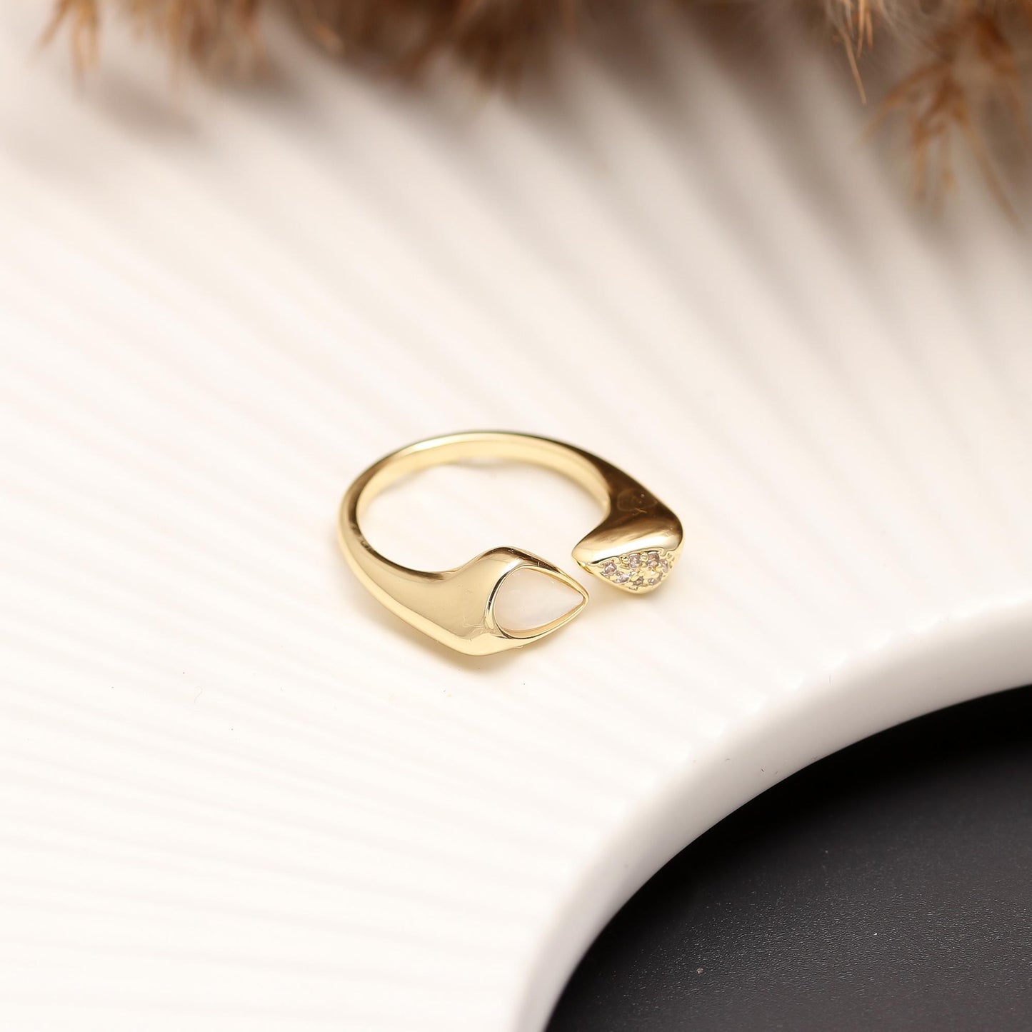 Elegant Teardrop Open Ring with Mother of Pearl Accent and Diamond Look Detailing | Minimal Luxury Jewelry for Everyday and Occasions