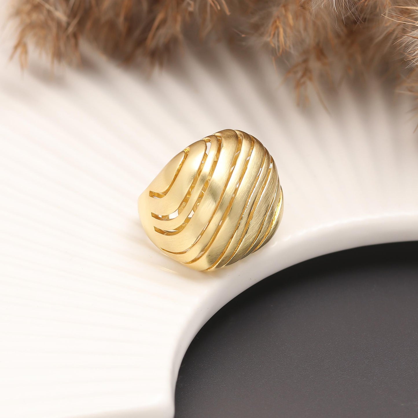 Sculpted Dome Ring with Satin Gold Finish and Textured Wave Detailing | Bold Statement Jewelry