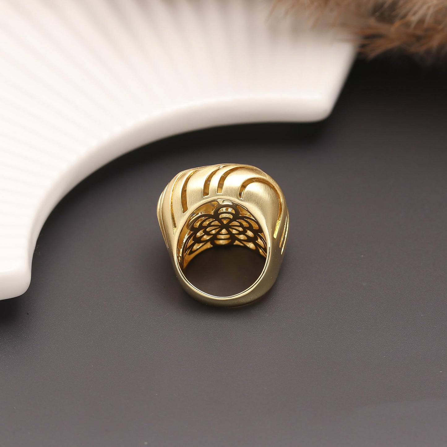 Sculpted Dome Ring with Satin Gold Finish and Textured Wave Detailing | Bold Statement Jewelry