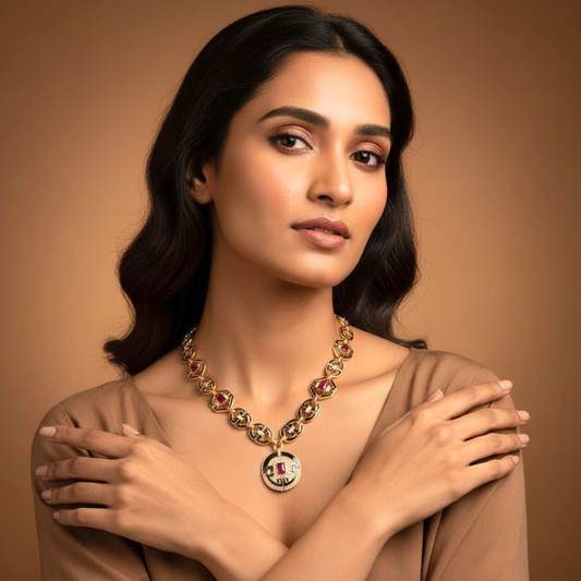 Ruby Pink & Black Enamel Art Deco Necklace – Bold Festive Statement Jewelry