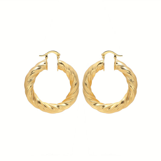 Gold-Plated Thick Braided Hoop Earrings with Rope-Inspired Twisted Design and Glossy Finish for Bold Classic Elegance