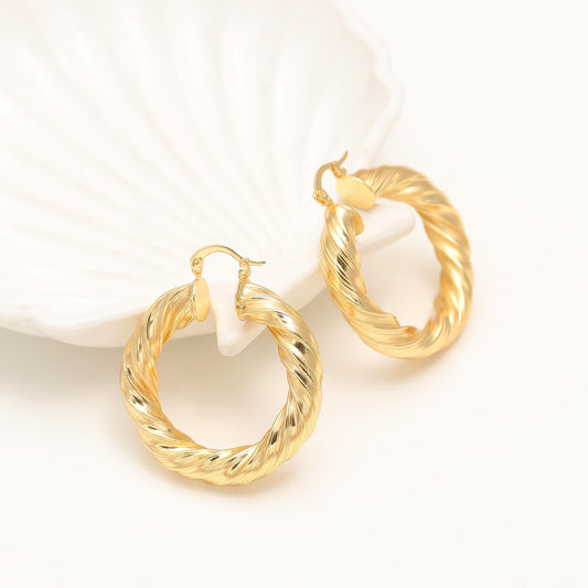 Gold-Plated Thick Braided Hoop Earrings with Rope-Inspired Twisted Design and Glossy Finish for Bold Classic Elegance