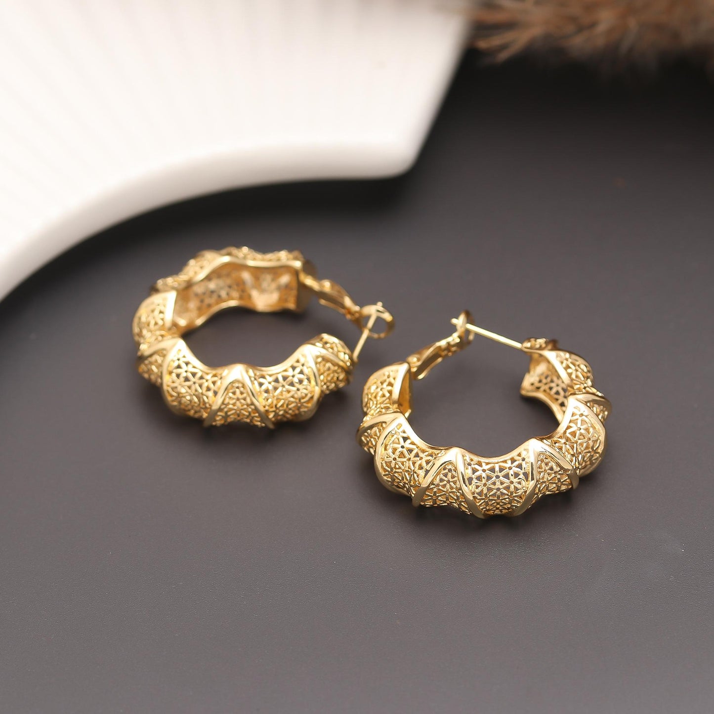 Gold-Plated Scalloped Hoop Earrings with Intricate Textured Detailing and Bold Geometric Edges for Timeless Festive Elegance