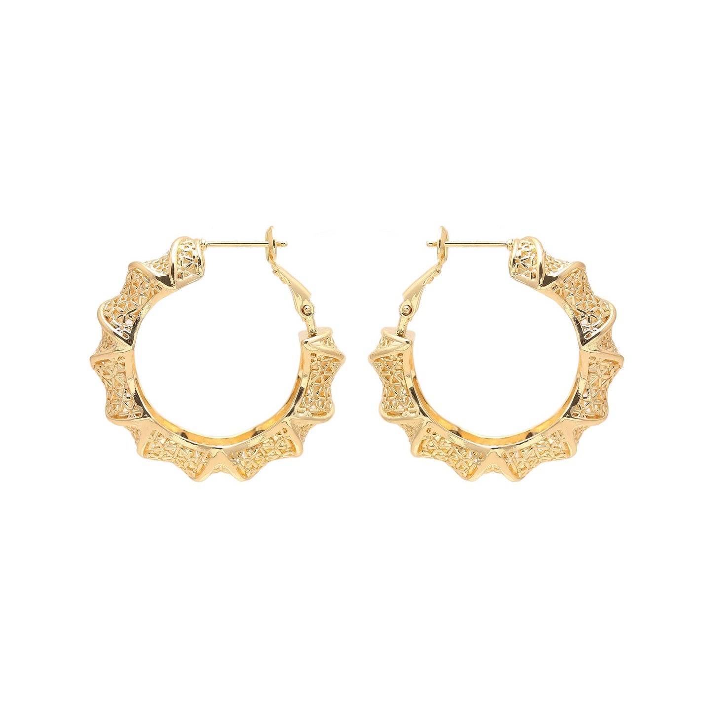Gold-Plated Scalloped Hoop Earrings with Intricate Textured Detailing and Bold Geometric Edges for Timeless Festive Elegance