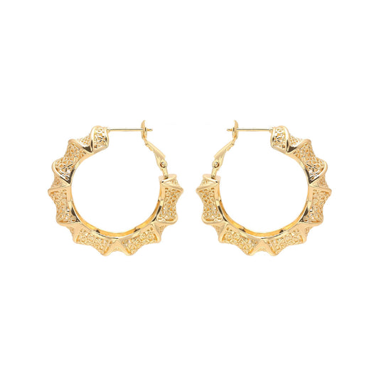 Gold-Plated Scalloped Hoop Earrings with Intricate Textured Detailing and Bold Geometric Edges for Timeless Festive Elegance