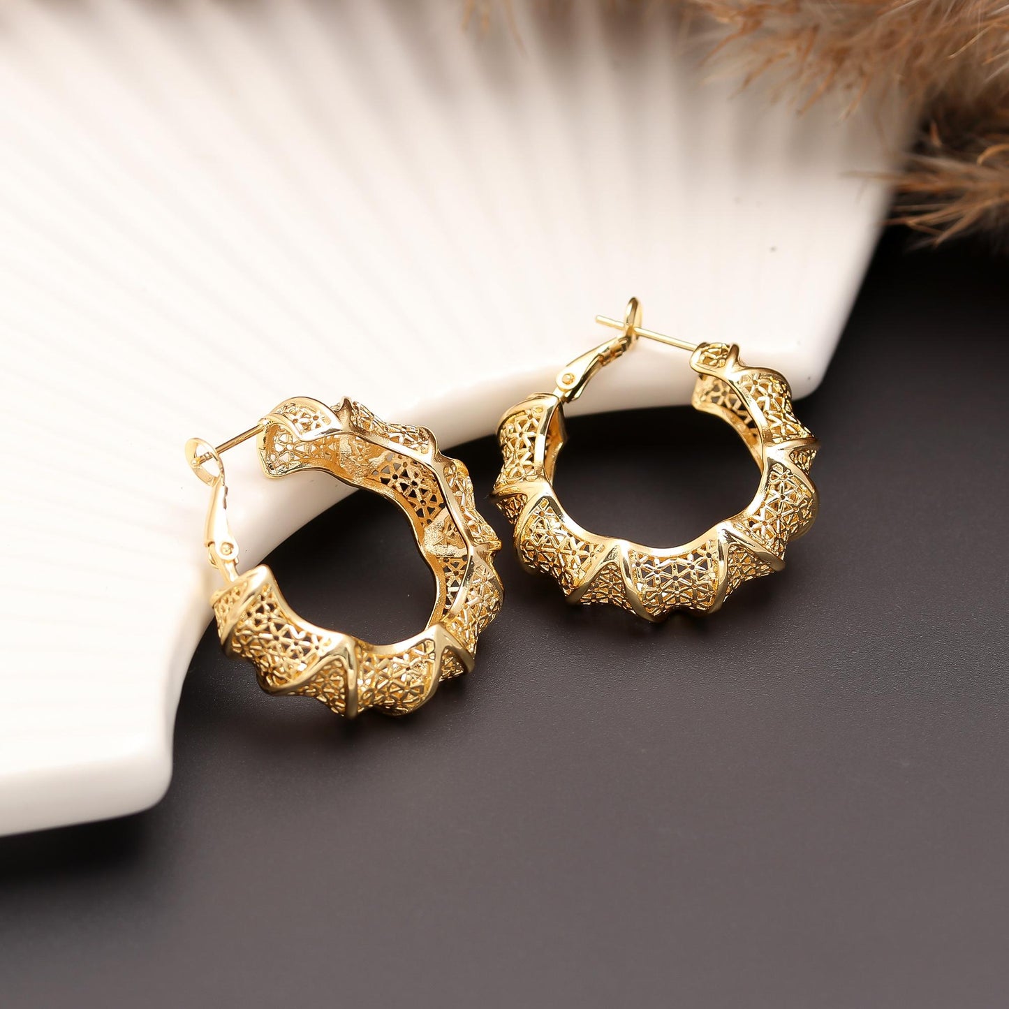 Gold-Plated Scalloped Hoop Earrings with Intricate Textured Detailing and Bold Geometric Edges for Timeless Festive Elegance