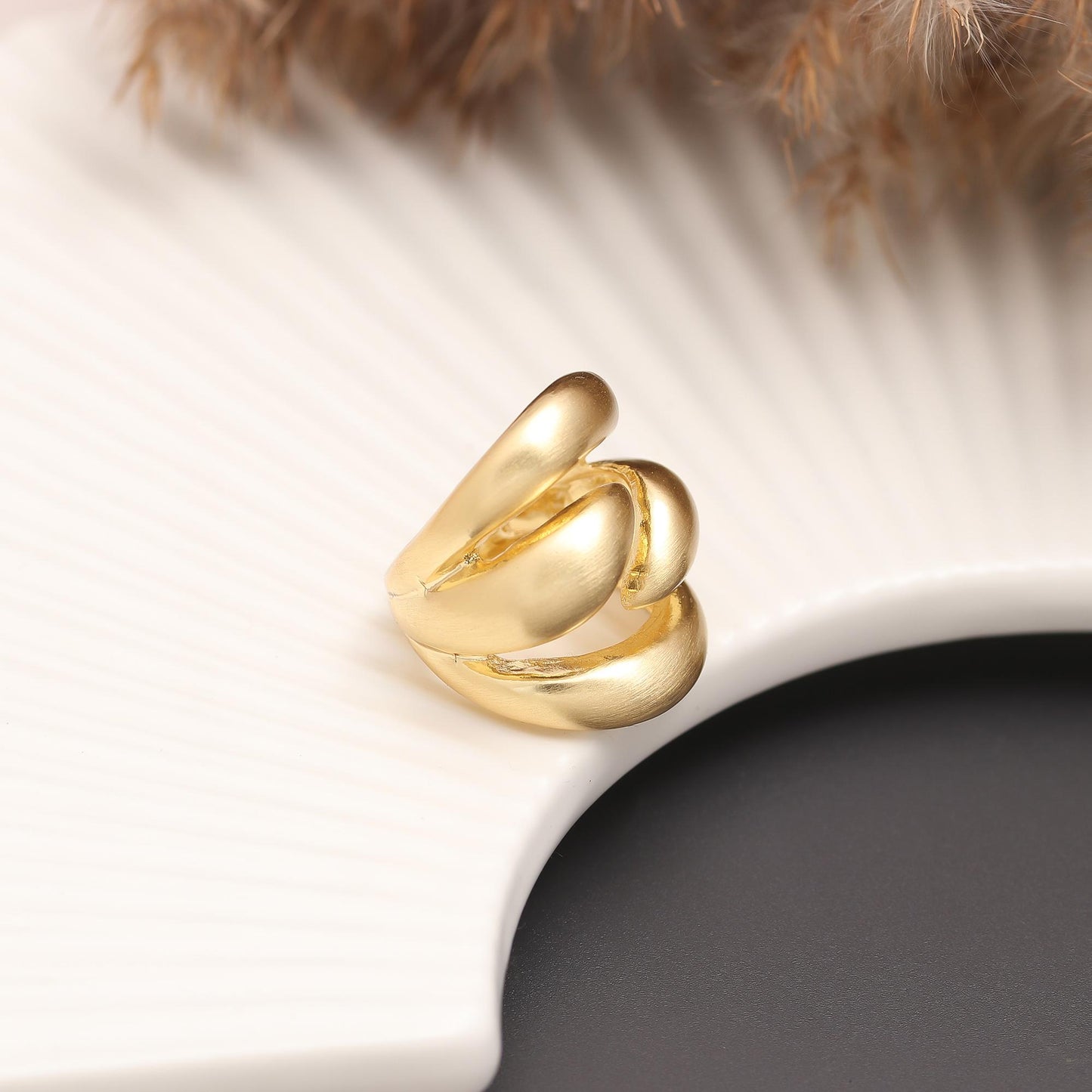 Contemporary Overlap Dome Ring with Matte Satin Gold Texture and Sculptural Curves | Modern Statement Jewelry
