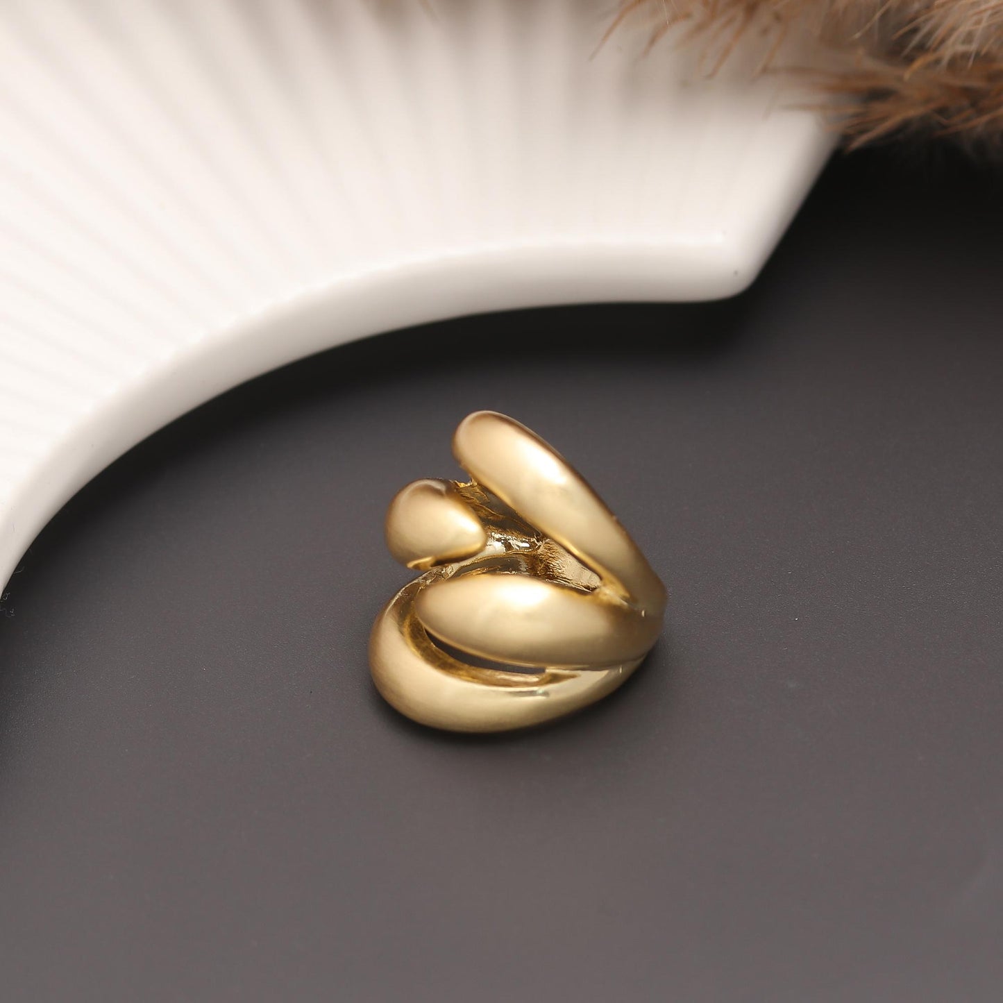 Contemporary Overlap Dome Ring with Matte Satin Gold Texture and Sculptural Curves | Modern Statement Jewelry