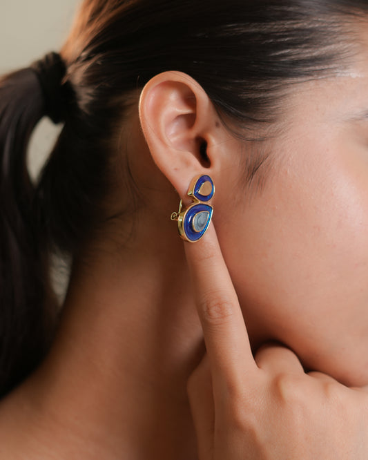 Elegant Dual-Tone Blue Enamel and Gold-Plated Teardrop Earrings with Artistic Marble Finish for Festive and Modern Styling