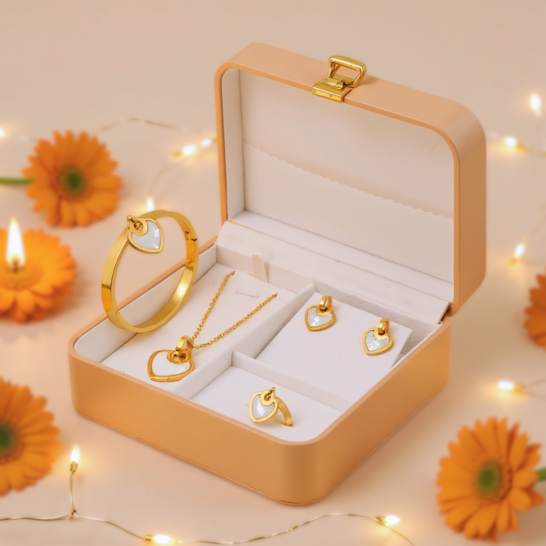 Gold Plated Heart Jewelry Set with Mother of Pearl | Elegant Necklace, Earrings, Bracelet and Ring – Beautiful Gift Hamper