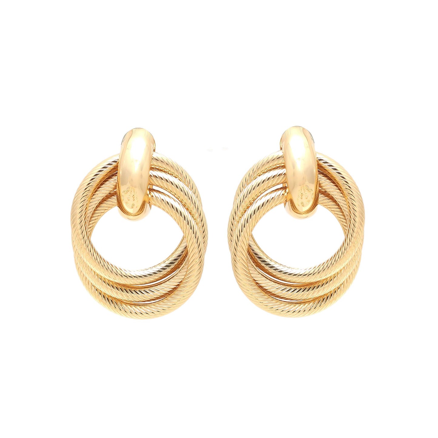 Modern Gold-Plated Interlocking Circle Earrings with Textured Rope Detailing, Polished Top Accent, and Contemporary Minimalist Design for Versatile Style