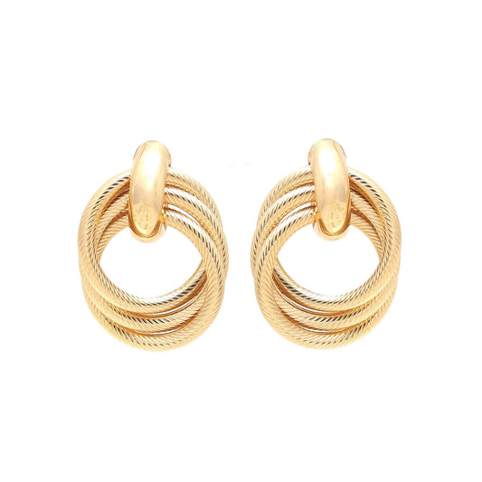 Modern Gold-Plated Interlocking Circle Earrings with Textured Rope Detailing, Polished Top Accent, and Contemporary Minimalist Design for Versatile Style