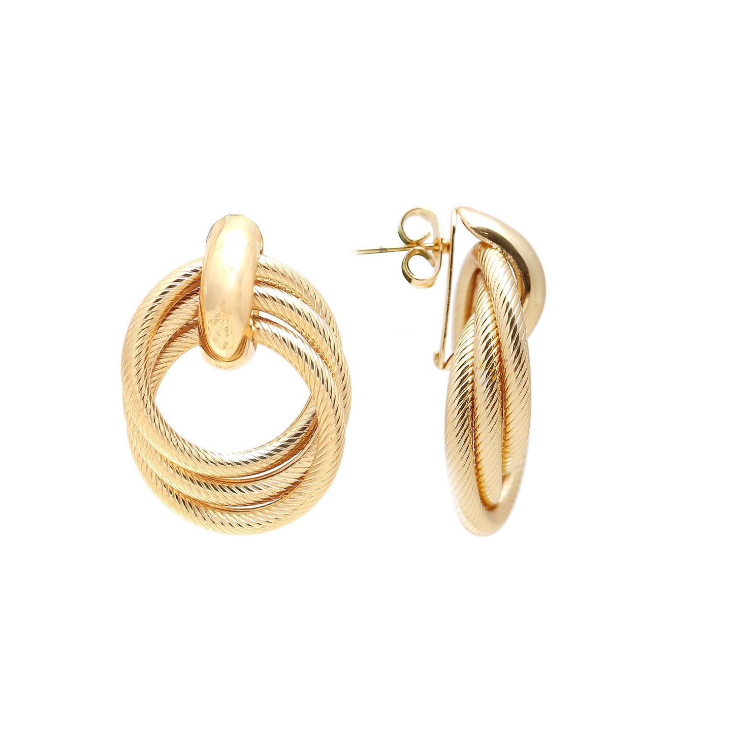 Modern Gold-Plated Interlocking Circle Earrings with Textured Rope Detailing, Polished Top Accent, and Contemporary Minimalist Design for Versatile Style
