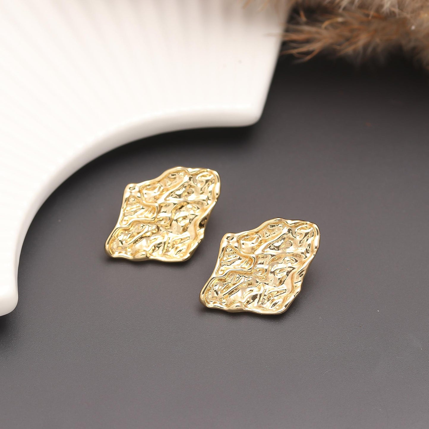Gold-Plated Textured Diamond-Shaped Stud Earrings with Organic Hammered Finish for Bold Contemporary Elegance